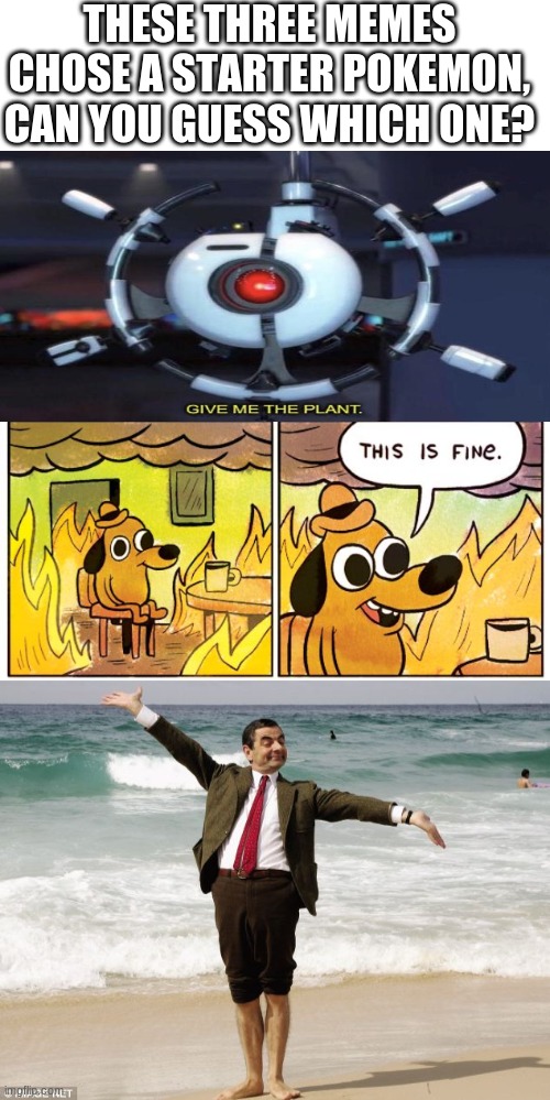 Can you guess? | THESE THREE MEMES CHOSE A STARTER POKEMON, CAN YOU GUESS WHICH ONE? | image tagged in blank white template,memes,this is fine,mr bean at the ocean | made w/ Imgflip meme maker