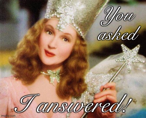 When folks get surprised that I actually answered their question. | You asked; I answered! | image tagged in glinda,question,questions,answer,civilized discussion,discussion | made w/ Imgflip meme maker