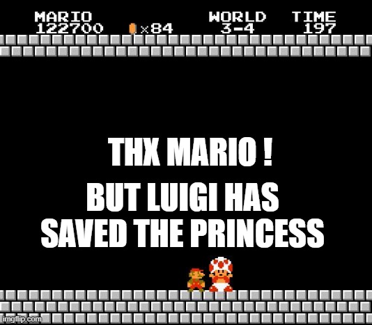 Thank You Mario | THX MARIO ! BUT LUIGI HAS SAVED THE PRINCESS | image tagged in thank you mario | made w/ Imgflip meme maker