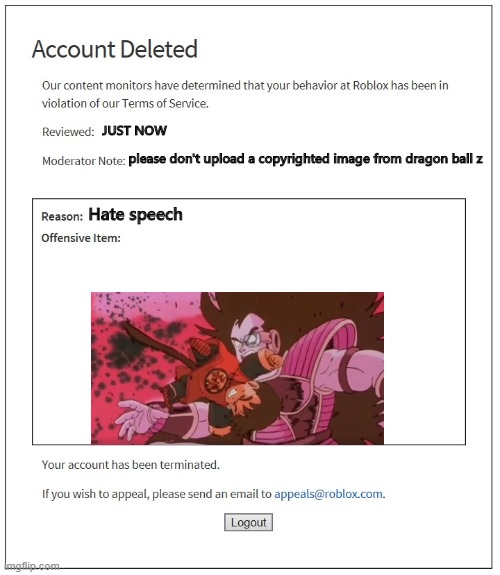 banned from ROBLOX | JUST NOW please don't upload a copyrighted image from dragon ball z Hate speech | image tagged in banned from roblox | made w/ Imgflip meme maker