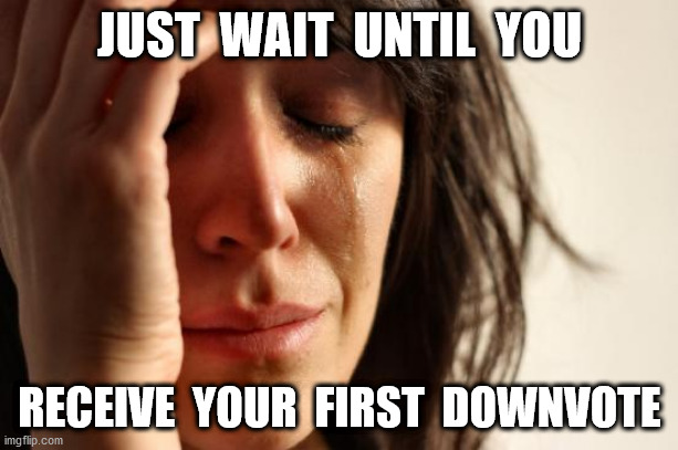First World Problems Meme | JUST  WAIT  UNTIL  YOU RECEIVE  YOUR  FIRST  DOWNVOTE | image tagged in memes,first world problems | made w/ Imgflip meme maker