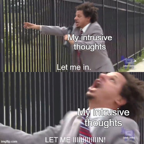 Intrusive thoughts | My intrusive thoughts; My intrusive thoughts | image tagged in let me in,intrusive thoughts,mental health,anxiety,ocd,obsessive-compulsive | made w/ Imgflip meme maker