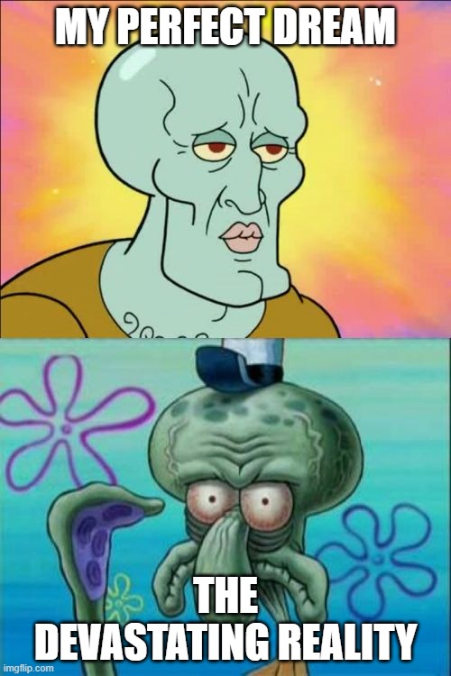 DREAMS AND REALITY | MY PERFECT DREAM; THE DEVASTATING REALITY | image tagged in memes,squidward | made w/ Imgflip meme maker