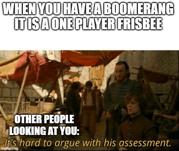 One player Frisbee | WHEN YOU HAVE A BOOMERANG 
IT IS A ONE PLAYER FRISBEE; OTHER PEOPLE LOOKING AT YOU: | image tagged in it's hard to argue with his assessment | made w/ Imgflip meme maker