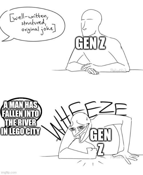 Wheeze | GEN Z; A MAN HAS FALLEN INTO THE RIVER IN LEGO CITY; GEN Z | image tagged in wheeze | made w/ Imgflip meme maker