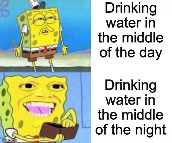 Middle of the night water is so much better than normal water | Drinking water in the middle of the day; Drinking water in the middle of the night | image tagged in spongebob wallet,memes,funny,water,spongebob | made w/ Imgflip meme maker