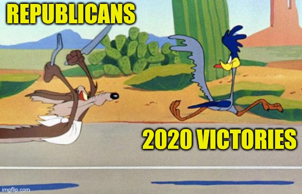 coyote and roadrunner | REPUBLICANS 2020 VICTORIES | image tagged in coyote and roadrunner,memes,republicans | made w/ Imgflip meme maker