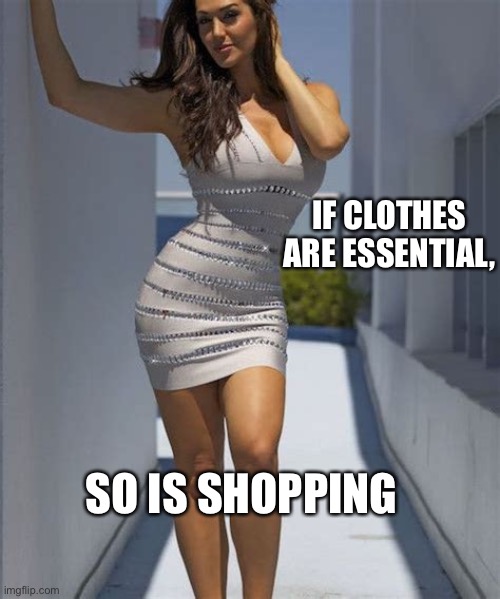 Shopping is essential | IF CLOTHES ARE ESSENTIAL, SO IS SHOPPING | image tagged in all dressed no place to go,lockdown,babe,shopping | made w/ Imgflip meme maker