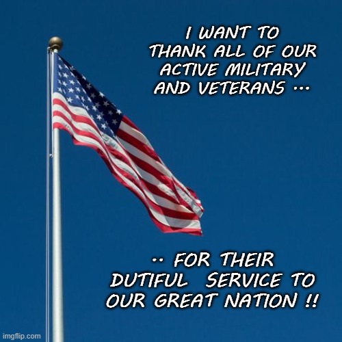 Thanks Military and Vets !! |  I WANT TO THANK ALL OF OUR ACTIVE MILITARY AND VETERANS ... .. FOR THEIR DUTIFUL  SERVICE TO OUR GREAT NATION !! | image tagged in memorial day,veteran,military,vets | made w/ Imgflip meme maker
