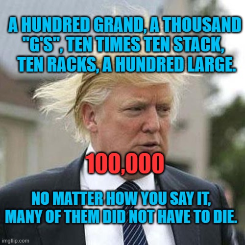 The Buck Stops With President Pandemic | A HUNDRED GRAND, A THOUSAND "G'S", TEN TIMES TEN STACK, 
 TEN RACKS, A HUNDRED LARGE. 100,000; NO MATTER HOW YOU SAY IT, MANY OF THEM DID NOT HAVE TO DIE. | image tagged in donald trump | made w/ Imgflip meme maker