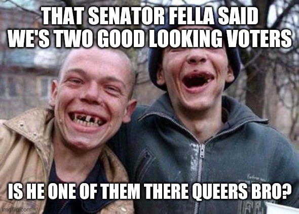 Ugly Twins Meme | THAT SENATOR FELLA SAID WE'S TWO GOOD LOOKING VOTERS; IS HE ONE OF THEM THERE QUEERS BRO? | image tagged in memes,ugly twins | made w/ Imgflip meme maker