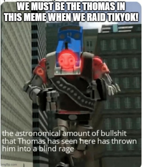 WE WILL FIGHT FOR JUSTICE AND PEACE |  WE MUST BE THE THOMAS IN THIS MEME WHEN WE RAID TIKYOK! | image tagged in the astronomical amount of bullshit that thomas has seen here | made w/ Imgflip meme maker
