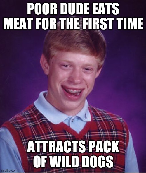 Bad Luck Brian Meme | POOR DUDE EATS MEAT FOR THE FIRST TIME; ATTRACTS PACK OF WILD DOGS | image tagged in memes,bad luck brian | made w/ Imgflip meme maker