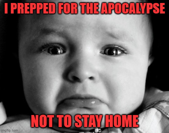 Sad Baby Meme | I PREPPED FOR THE APOCALYPSE; NOT TO STAY HOME | image tagged in memes,sad baby | made w/ Imgflip meme maker
