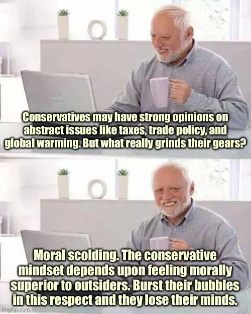 Once you grasp this, it explains a lot. Example: How they often resort to bigotry yet flip out when called out for it | Conservatives may have strong opinions on abstract issues like taxes, trade policy, and global warming. But what really grinds their gears? Moral scolding. The conservative mindset depends upon feeling morally superior to outsiders. Burst their bubbles in this respect and they lose their minds. | image tagged in hide the pain harold,conservative logic,conservative hypocrisy,right wing,bigotry,psychology | made w/ Imgflip meme maker