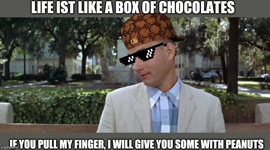 Forest Gump | LIFE IST LIKE A BOX OF CHOCOLATES; IF YOU PULL MY FINGER, I WILL GIVE YOU SOME WITH PEANUTS | image tagged in forest gump | made w/ Imgflip meme maker