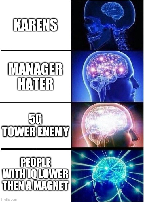 Expanding Brain | KARENS; MANAGER HATER; 5G TOWER ENEMY; PEOPLE WITH IQ LOWER THEN A MAGNET | image tagged in memes,expanding brain | made w/ Imgflip meme maker