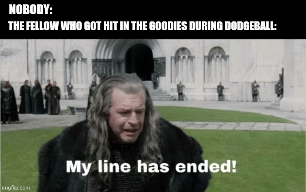 My Line Has Ended | NOBODY:; THE FELLOW WHO GOT HIT IN THE GOODIES DURING DODGEBALL: | image tagged in my line has ended,lord of the rings,dodgeball | made w/ Imgflip meme maker