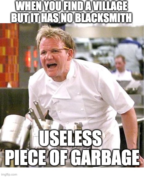 No blacksmith = No emeralds | WHEN YOU FIND A VILLAGE BUT IT HAS NO BLACKSMITH; USELESS
 PIECE OF GARBAGE | image tagged in memes,chef gordon ramsay,funny,gaming,baby jesus for moderator | made w/ Imgflip meme maker
