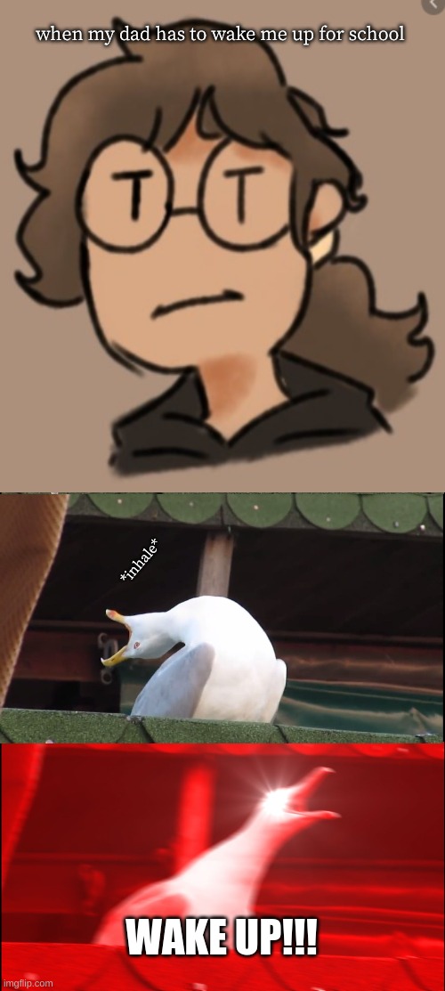 WAKE UP, CHILD | when my dad has to wake me up for school; *inhale*; WAKE UP!!! | image tagged in memes,inhaling seagull | made w/ Imgflip meme maker