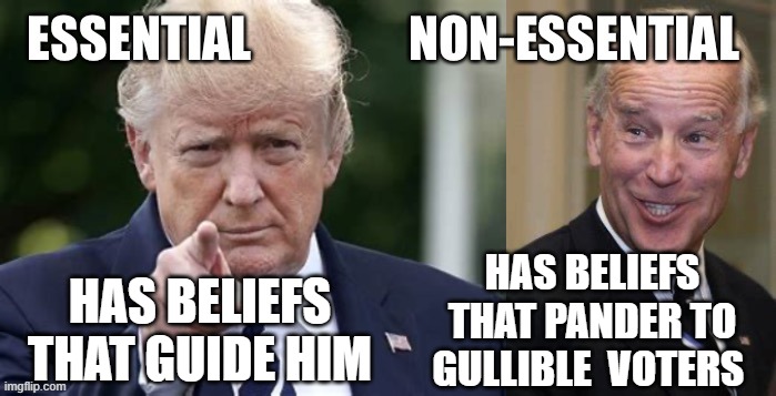 There is a difference that matters | HAS BELIEFS THAT PANDER TO GULLIBLE  VOTERS; HAS BELIEFS THAT GUIDE HIM | image tagged in biden,trump,voters | made w/ Imgflip meme maker