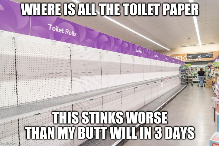 toilet paper gone? | WHERE IS ALL THE TOILET PAPER; THIS STINKS WORSE THAN MY BUTT WILL IN 3 DAYS | image tagged in funny memes | made w/ Imgflip meme maker