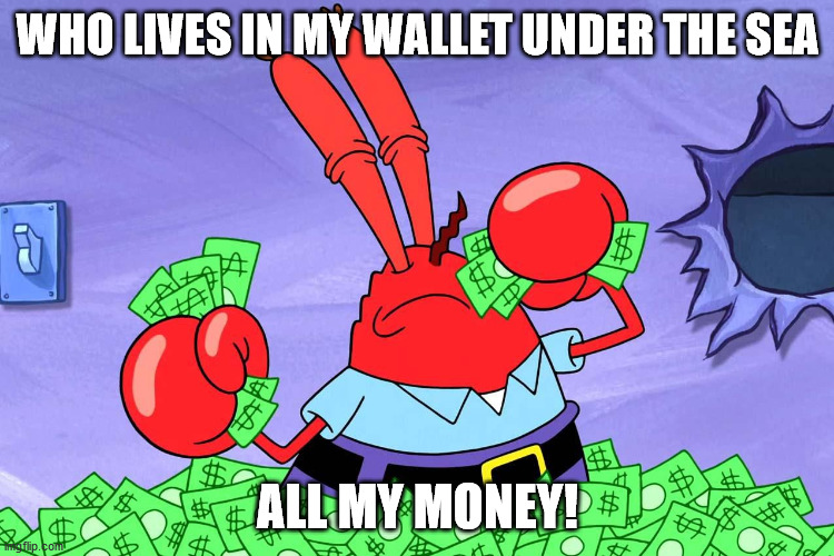 WHO LIVES IN MY WALLET UNDER THE SEA; ALL MY MONEY! | image tagged in spongebob | made w/ Imgflip meme maker