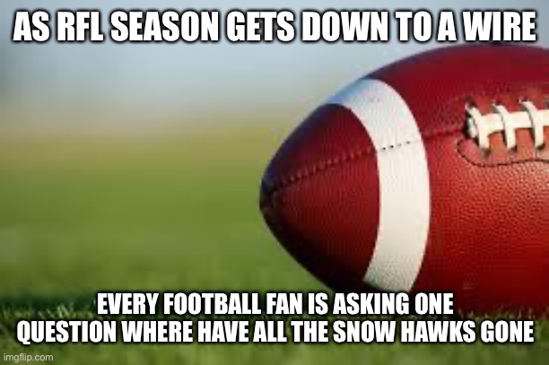 football field | AS RFL SEASON GETS DOWN TO A WIRE; EVERY FOOTBALL FAN IS ASKING ONE QUESTION WHERE HAVE ALL THE SNOW HAWKS GONE | image tagged in football field | made w/ Imgflip meme maker