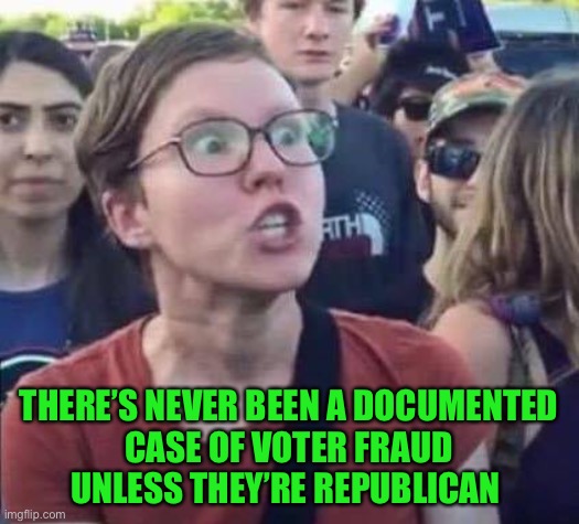 Angry Liberal | THERE’S NEVER BEEN A DOCUMENTED
 CASE OF VOTER FRAUD 
UNLESS THEY’RE REPUBLICAN | image tagged in angry liberal | made w/ Imgflip meme maker