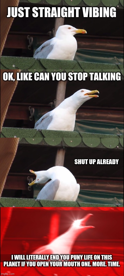 JUST SHUT UP ALREADY KAREN | JUST STRAIGHT VIBING; OK, LIKE CAN YOU STOP TALKING; SHUT UP ALREADY; I WILL LITERALLY END YOU PUNY LIFE ON THIS PLANET IF YOU OPEN YOUR MOUTH ONE. MORE. TIME. | image tagged in memes,inhaling seagull | made w/ Imgflip meme maker