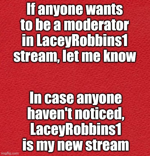 The Stream Is About Me, Except That You Can Post Random Memes | If anyone wants to be a moderator in LaceyRobbins1 stream, let me know; In case anyone haven't noticed, LaceyRobbins1 is my new stream | image tagged in blank red card | made w/ Imgflip meme maker