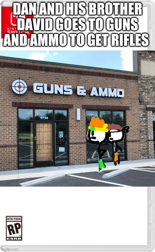 Looks like they need to defend them selfs | DAN AND HIS BROTHER DAVID GOES TO GUNS AND AMMO TO GET RIFLES | image tagged in dan the man,nintendo switch | made w/ Imgflip meme maker