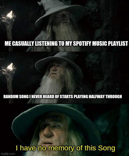 spotify | ME CASUALLY LISTENING TO MY SPOTIFY MUSIC PLAYLIST; RANDOM SONG I NEVER HEARD OF STARTS PLAYING HALFWAY THROUGH; I have no memory of this Song | image tagged in memes,confused gandalf | made w/ Imgflip meme maker