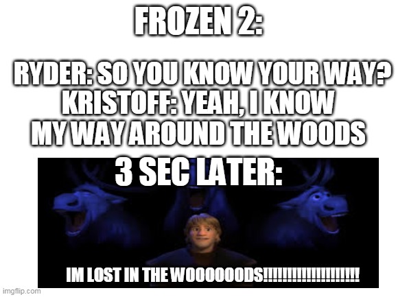 Kristoff is an idiot | FROZEN 2:; RYDER: SO YOU KNOW YOUR WAY? KRISTOFF: YEAH, I KNOW MY WAY AROUND THE WOODS; 3 SEC LATER:; IM LOST IN THE WOOOOOODS!!!!!!!!!!!!!!!!!!!! | image tagged in blank white template | made w/ Imgflip meme maker