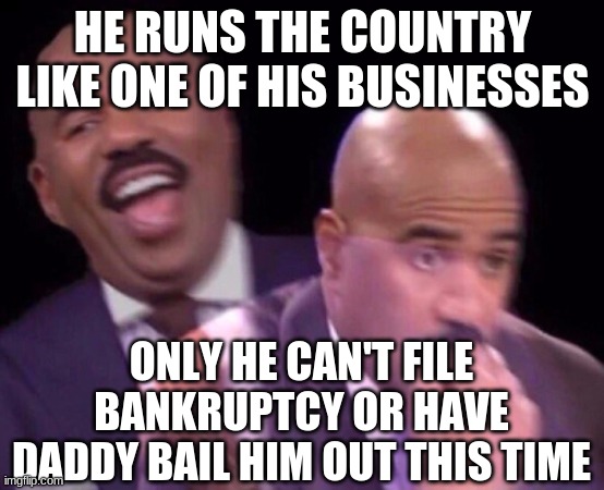 Steve Harvey Laughing Serious | HE RUNS THE COUNTRY LIKE ONE OF HIS BUSINESSES ONLY HE CAN'T FILE BANKRUPTCY OR HAVE DADDY BAIL HIM OUT THIS TIME | image tagged in steve harvey laughing serious | made w/ Imgflip meme maker