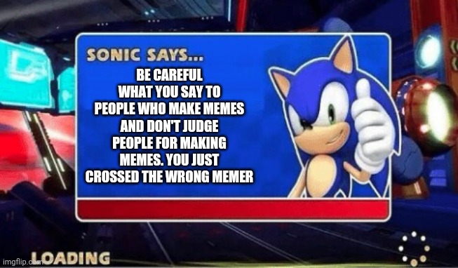 Sonic Says | BE CAREFUL WHAT YOU SAY TO PEOPLE WHO MAKE MEMES AND DON'T JUDGE PEOPLE FOR MAKING MEMES. YOU JUST CROSSED THE WRONG MEMER | image tagged in sonic says,memes | made w/ Imgflip meme maker