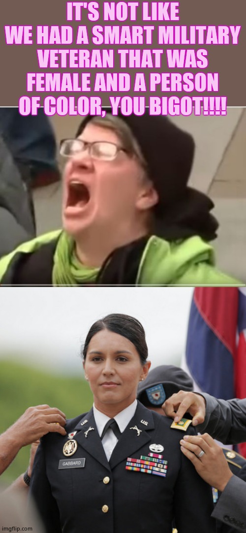 IT'S NOT LIKE WE HAD A SMART MILITARY VETERAN THAT WAS FEMALE AND A PERSON OF COLOR, YOU BIGOT!!!! | image tagged in screaming liberal,tulsi hero | made w/ Imgflip meme maker