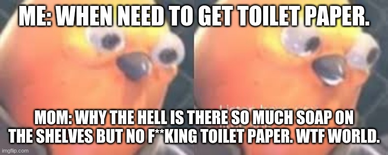 Listen here | ME: WHEN NEED TO GET TOILET PAPER. MOM: WHY THE HELL IS THERE SO MUCH SOAP ON THE SHELVES BUT NO F**KING TOILET PAPER. WTF WORLD. | image tagged in birdman | made w/ Imgflip meme maker
