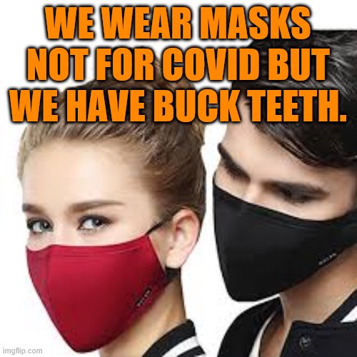 Why people are still wearing masks. | WE WEAR MASKS NOT FOR COVID BUT WE HAVE BUCK TEETH. | image tagged in mask couple,ugly | made w/ Imgflip meme maker