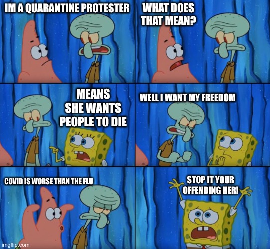 Quarantine protesters want fReEdOm | WHAT DOES THAT MEAN? IM A QUARANTINE PROTESTER; MEANS SHE WANTS PEOPLE TO DIE; WELL I WANT MY FREEDOM; STOP IT YOUR OFFENDING HER! COVID IS WORSE THAN THE FLU | image tagged in stop it patrick you're scaring him correct text boxes | made w/ Imgflip meme maker