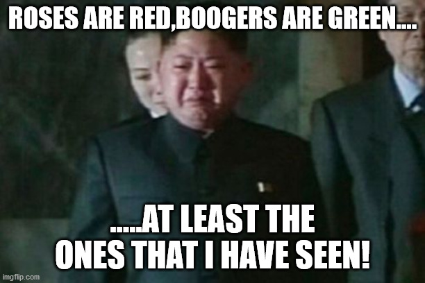 Red Roses | ROSES ARE RED,BOOGERS ARE GREEN.... .....AT LEAST THE ONES THAT I HAVE SEEN! | image tagged in memes,kim jong un sad | made w/ Imgflip meme maker