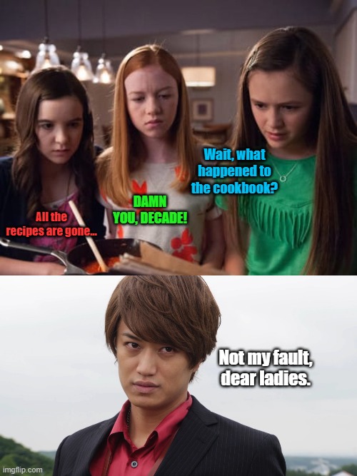 Wait, what happened to the cookbook? DAMN YOU, DECADE! All the recipes are gone... Not my fault, dear ladies. | image tagged in smug tsukasa | made w/ Imgflip meme maker