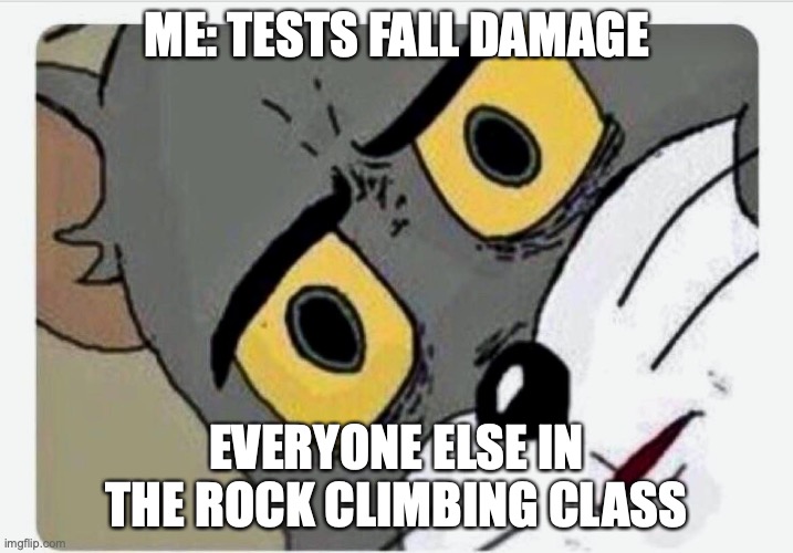 Disturbed Tom | ME: TESTS FALL DAMAGE; EVERYONE ELSE IN THE ROCK CLIMBING CLASS | image tagged in disturbed tom | made w/ Imgflip meme maker