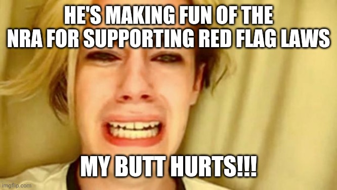 Nra is a joke | HE'S MAKING FUN OF THE NRA FOR SUPPORTING RED FLAG LAWS; MY BUTT HURTS!!! | image tagged in leave brittany alone | made w/ Imgflip meme maker