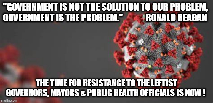 Wake up America, you're being conned! | "GOVERNMENT IS NOT THE SOLUTION TO OUR PROBLEM, GOVERNMENT IS THE PROBLEM."             RONALD REAGAN; THE TIME FOR RESISTANCE TO THE LEFTIST GOVERNORS, MAYORS & PUBLIC HEALTH OFFICIALS IS NOW ! | image tagged in lockdowns,sham,hoax | made w/ Imgflip meme maker