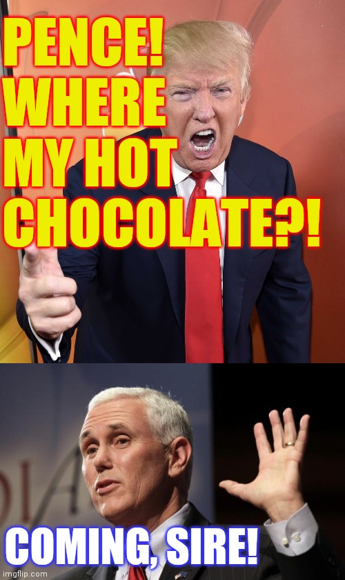 PENCE!
WHERE
MY HOT
CHOCOLATE?! COMING, SIRE! | image tagged in mike pence rfra,trump yelling | made w/ Imgflip meme maker