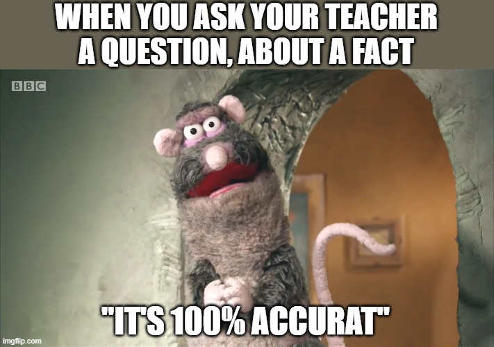 Rattus Rattus | WHEN YOU ASK YOUR TEACHER A QUESTION, ABOUT A FACT; "IT'S 100% ACCURAT" | image tagged in rattus rattus | made w/ Imgflip meme maker