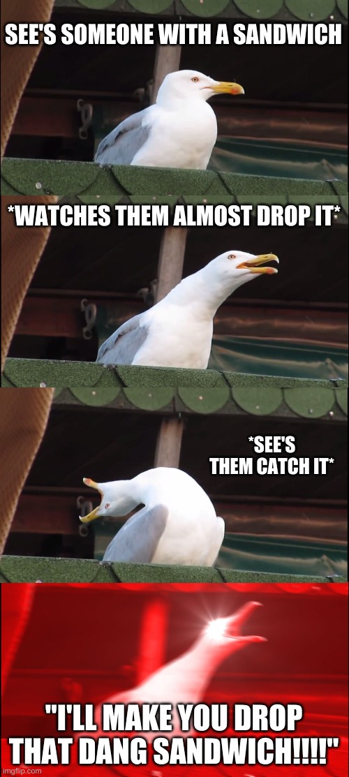 Inhaling Seagull | SEE'S SOMEONE WITH A SANDWICH; *WATCHES THEM ALMOST DROP IT*; *SEE'S THEM CATCH IT*; "I'LL MAKE YOU DROP THAT DANG SANDWICH!!!!" | image tagged in memes,inhaling seagull | made w/ Imgflip meme maker