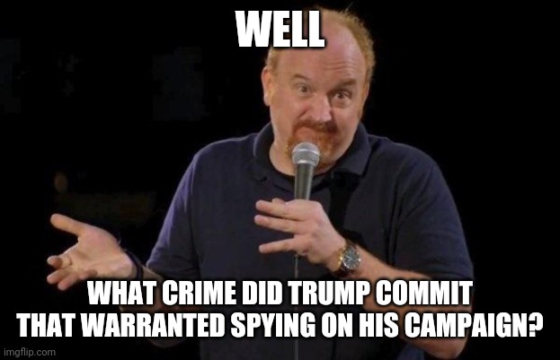 Louis ck but maybe | WELL WHAT CRIME DID TRUMP COMMIT THAT WARRANTED SPYING ON HIS CAMPAIGN? | image tagged in louis ck but maybe | made w/ Imgflip meme maker
