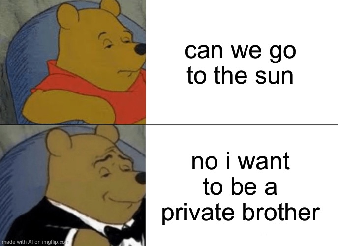 AI meme takes the format differently | can we go to the sun; no i want to be a private brother | image tagged in memes,tuxedo winnie the pooh | made w/ Imgflip meme maker